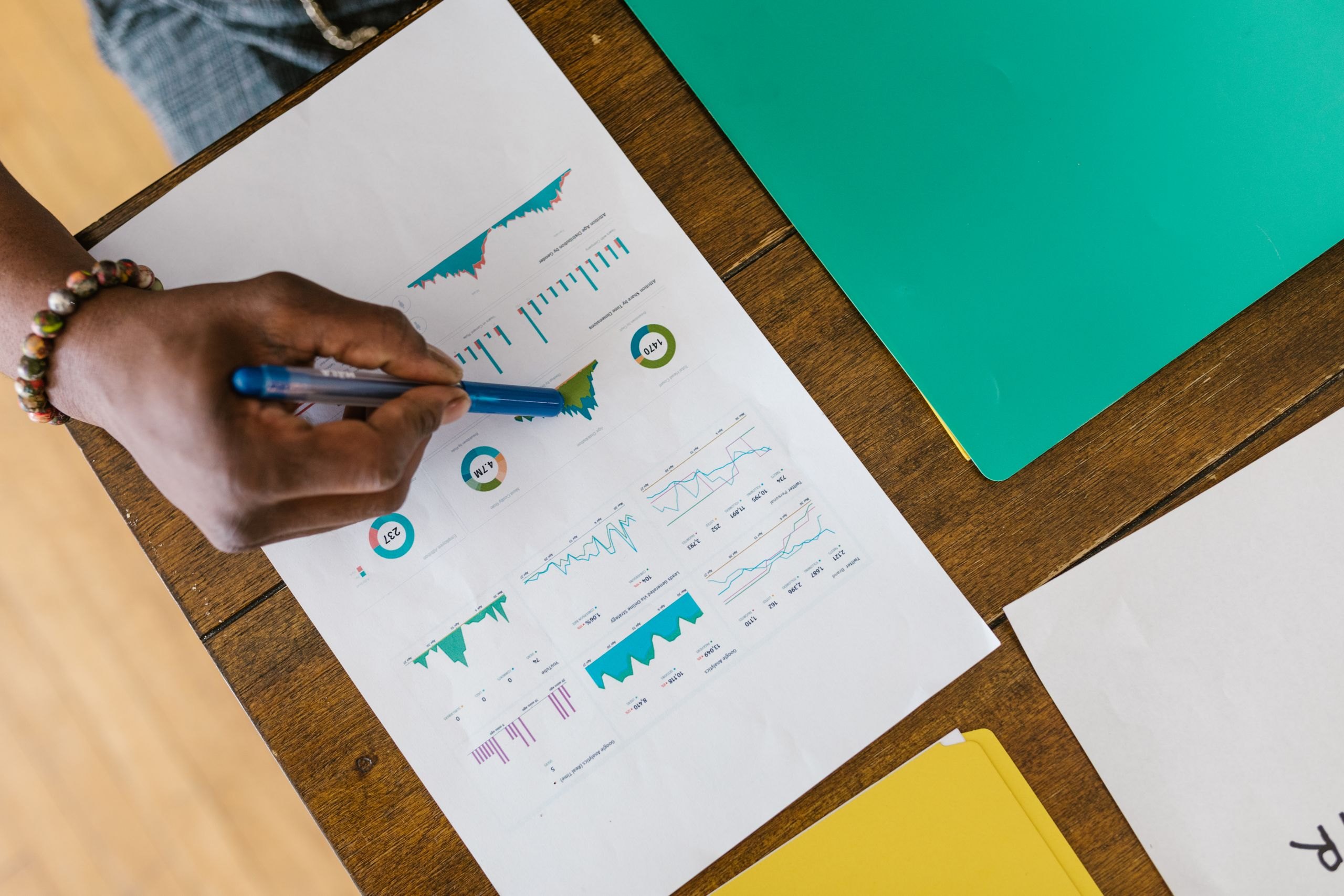 A student reviews printed business charts and evidence.